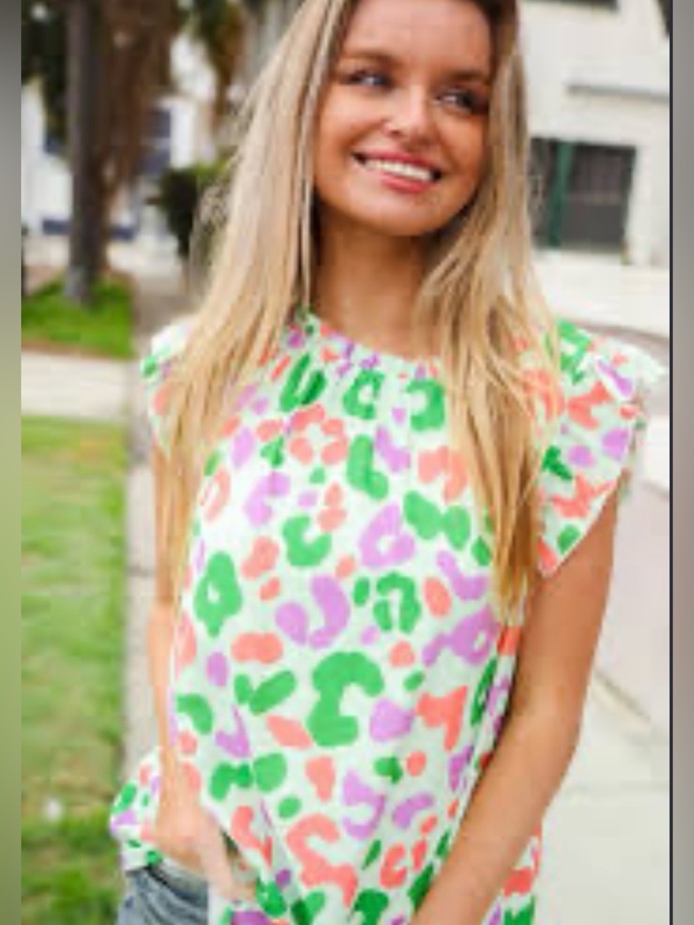 First Love Floral-Leopard Cap Sleeve Top in White, Green & Pink